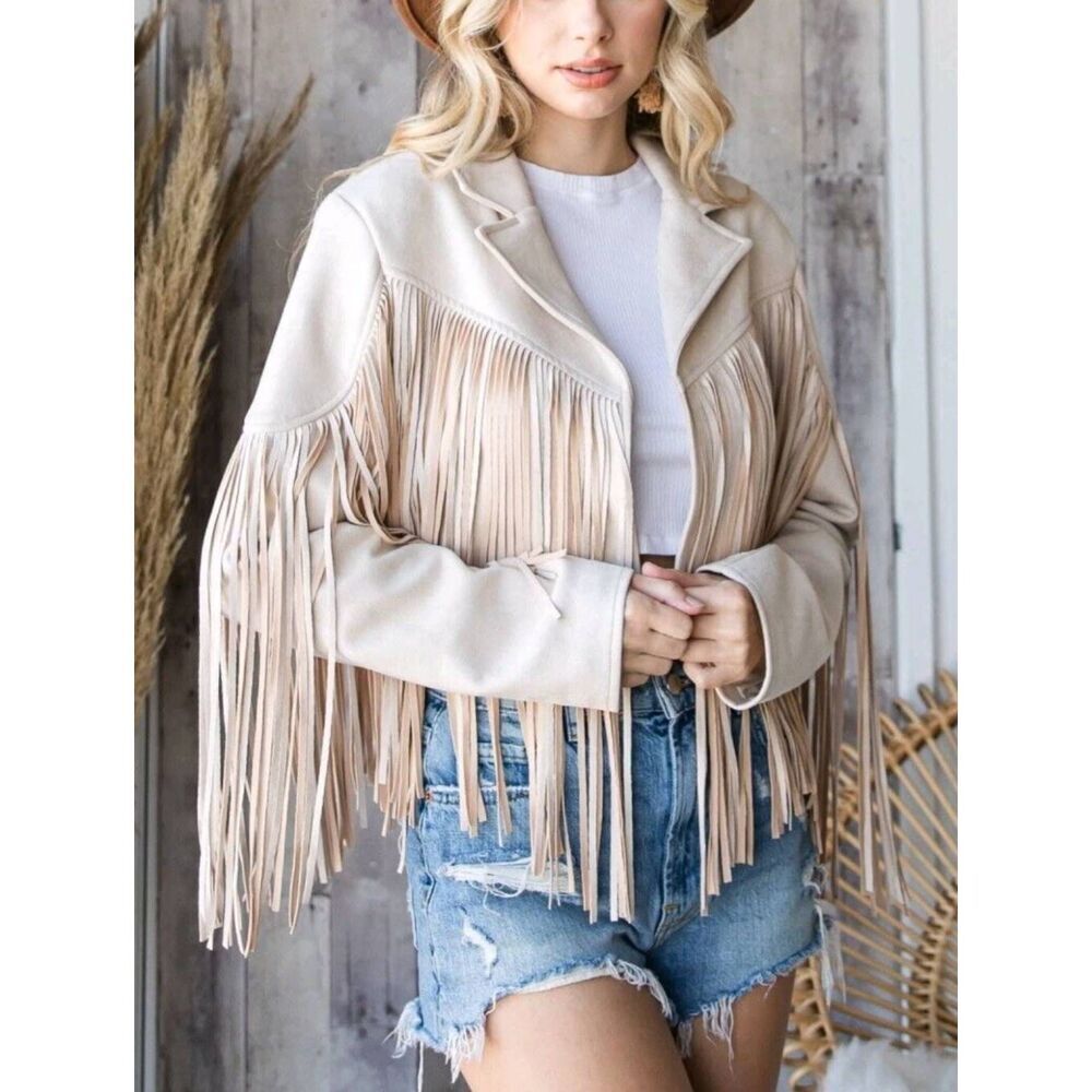 Faux Suede Fringe Cropped Jacket Juniors XL